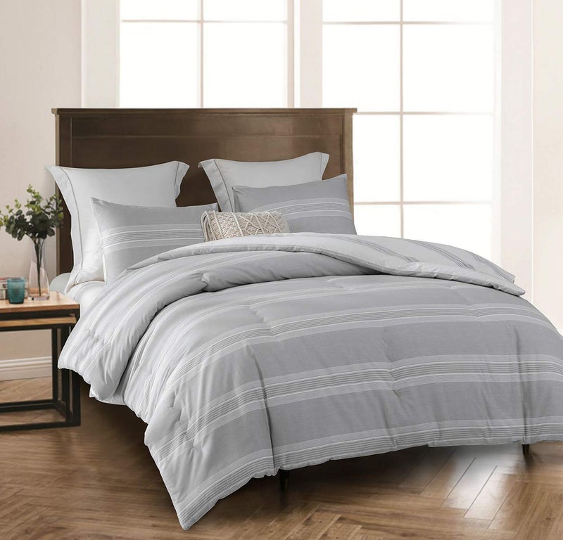 SLEEPBELLA Comforter Queen Size, 600 Thread Count Cotton Light Gray & White Stripes Reversible Pattern Grey Comforter Sets,Down Alternative Bedding Set 3Pcs (Queen, Grey Stripes) - Image 2